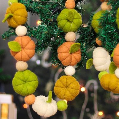 Alternate image for Handmade Pumpkin-Themed Green and Orange Wool Felt Garland Forest Pumpkins