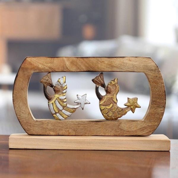Alternate image for Hand-Carved Mango Wood Sculpture of Christmas Angels Star Messengers
