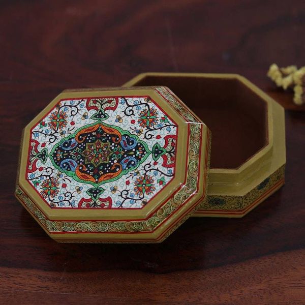 Alternate image for Handcrafted Geometric Papier Mache Decorative Box from India Srinagar Garden