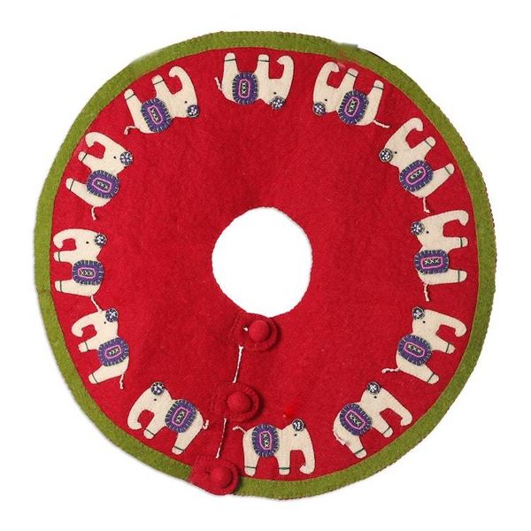 Alternate image for Handmade Elephant-Themed Red and Green Wool Felt Tree Skirt Christmas Giants