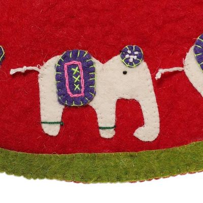 Alternate image for Handmade Elephant-Themed Red and Green Wool Felt Tree Skirt Christmas Giants
