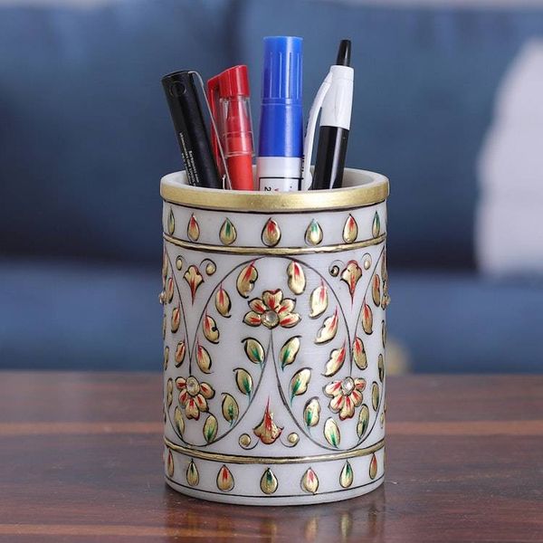 Alternate image for Hand-Painted Floral Golden-Toned Marble Pen Holder Garden Visions
