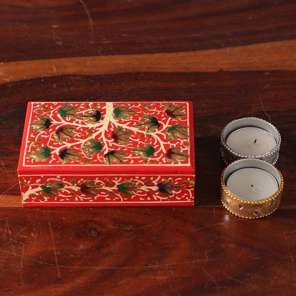 Alternate image for Tree-Themed Red and Golden Papier Mache Decorative Box Red Nature