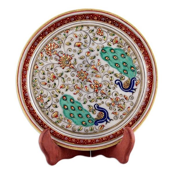 Alternate image for Floral Marble Decorative Plate with Hand-Painted Peacocks Peacock Creation