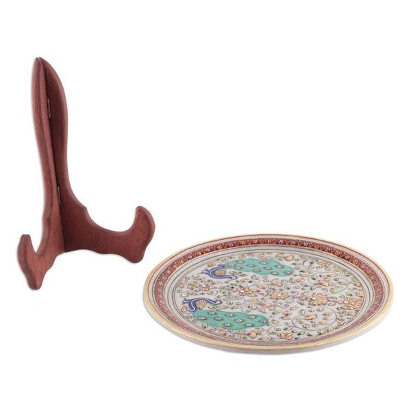 Alternate image for Floral Marble Decorative Plate with Hand-Painted Peacocks Peacock Creation