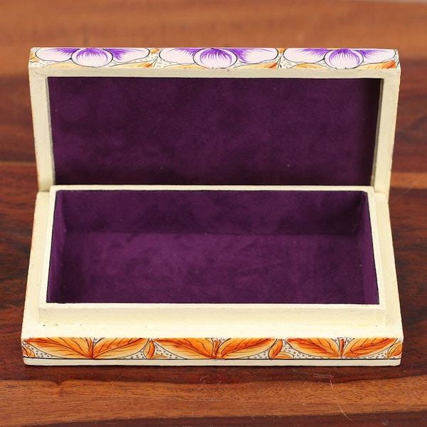 Alternate image for Purple Papier Mache on Wood Floral Leaf Bird Decorative Box Blooming Kashmir in Purple