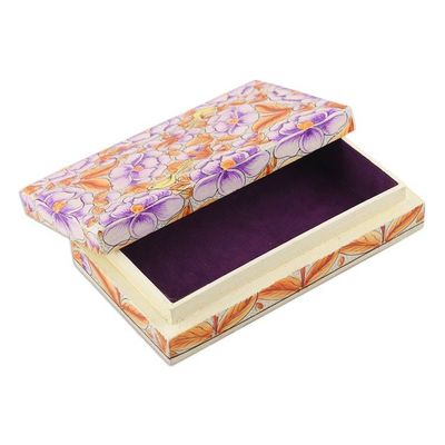 Alternate image for Purple Papier Mache on Wood Floral Leaf Bird Decorative Box Blooming Kashmir in Purple