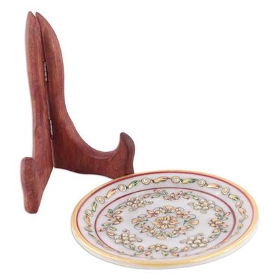 Alternate image for Handcrafted Floral Marble Decorative Plate With Stand Regal Blast