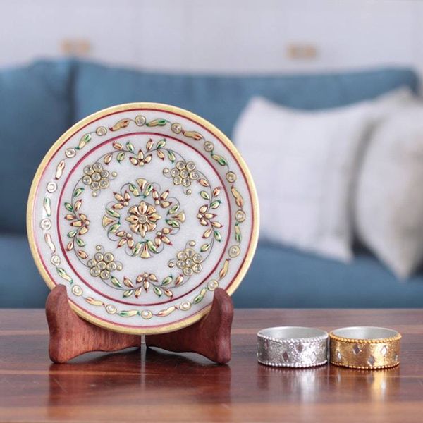 Alternate image for Handcrafted Floral Marble Decorative Plate With Stand Regal Blast