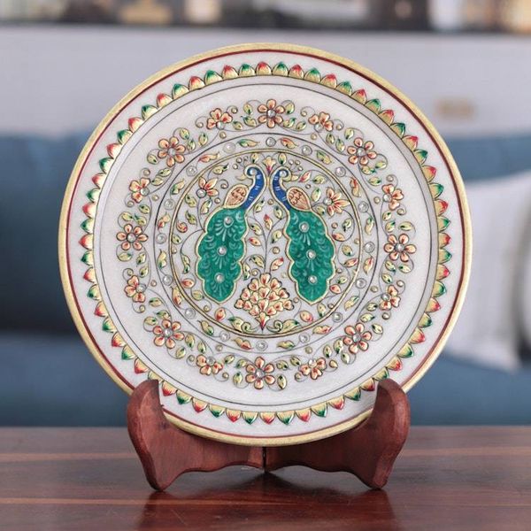 Alternate image for Peacock-Themed Floral Marble Decorative Plate from India Peacock Realm