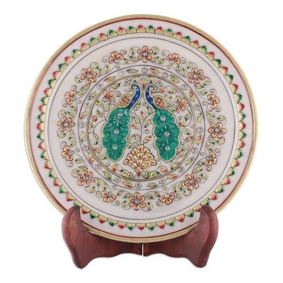 Alternate image for Peacock-Themed Floral Marble Decorative Plate from India Peacock Realm