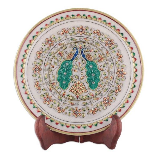 Alternate image for Peacock-Themed Floral Marble Decorative Plate from India Peacock Realm