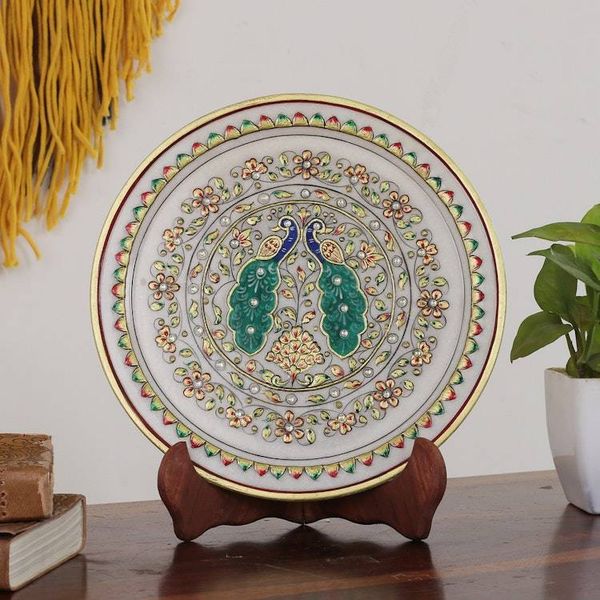 Alternate image for Peacock-Themed Floral Marble Decorative Plate from India Peacock Realm