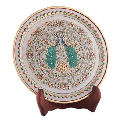 Alternate image for Peacock-Themed Floral Marble Decorative Plate from India Peacock Realm