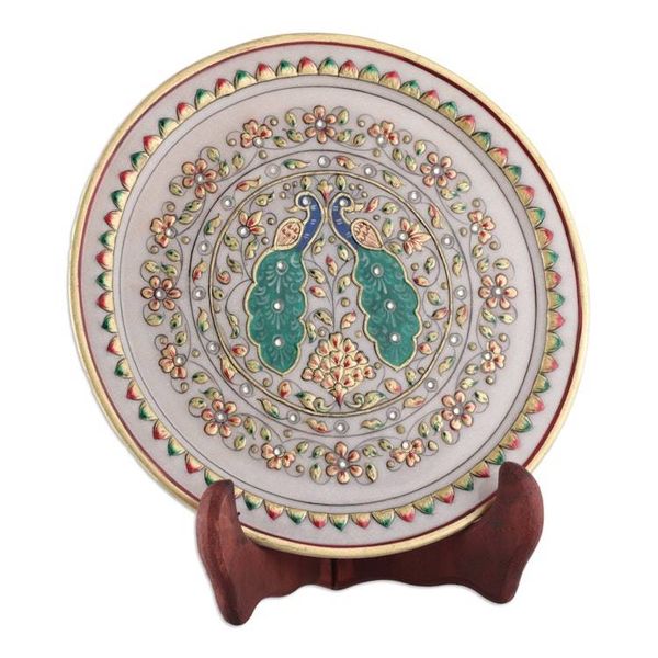 Alternate image for Peacock-Themed Floral Marble Decorative Plate from India Peacock Realm
