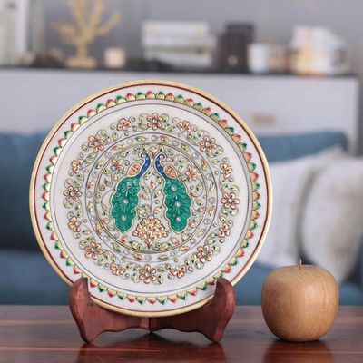 Alternate image for Peacock-Themed Floral Marble Decorative Plate from India Peacock Realm