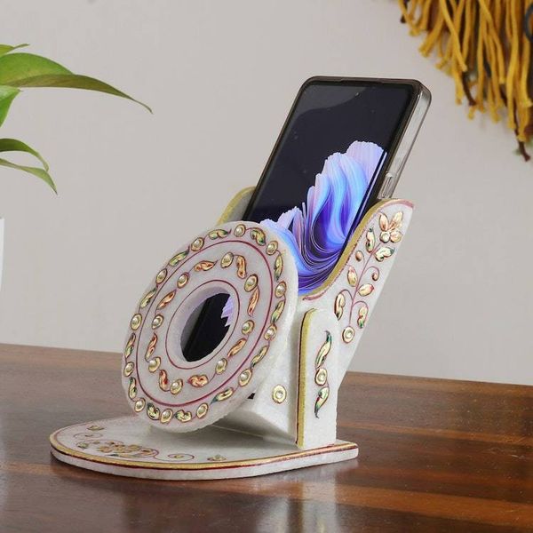 Alternate image for Beaded Marble Phone Holder with Hand-Painted Leaf Motifs Leafy Aura