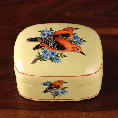Alternate image for Bird-Themed Painted Yellow Papier Mache Decorative Box Our Summer