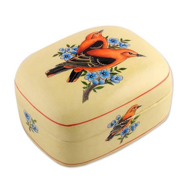 Alternate image for Bird-Themed Painted Yellow Papier Mache Decorative Box Our Summer