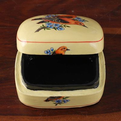 Alternate image for Bird-Themed Painted Yellow Papier Mache Decorative Box Our Summer
