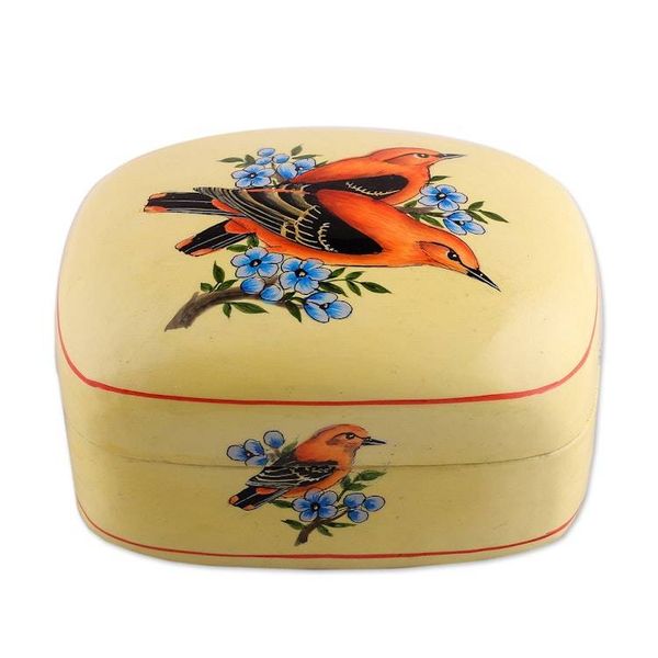 Alternate image for Bird-Themed Painted Yellow Papier Mache Decorative Box Our Summer