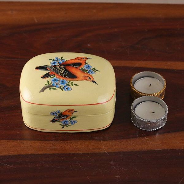 Alternate image for Bird-Themed Painted Yellow Papier Mache Decorative Box Our Summer