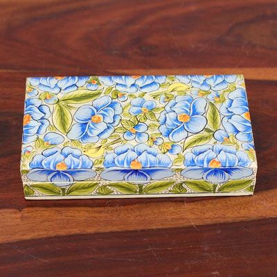 Alternate image for Blue Papier Mache on Wood Floral Leaf Bird Decorative Box Blooming Kashmir in Blue