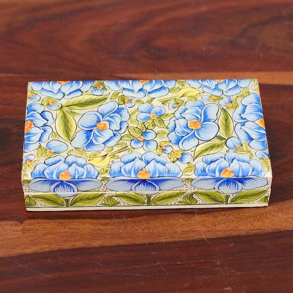 Alternate image for Blue Papier Mache on Wood Floral Leaf Bird Decorative Box Blooming Kashmir in Blue