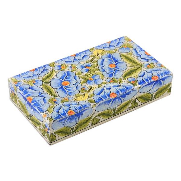 Alternate image for Blue Papier Mache on Wood Floral Leaf Bird Decorative Box Blooming Kashmir in Blue