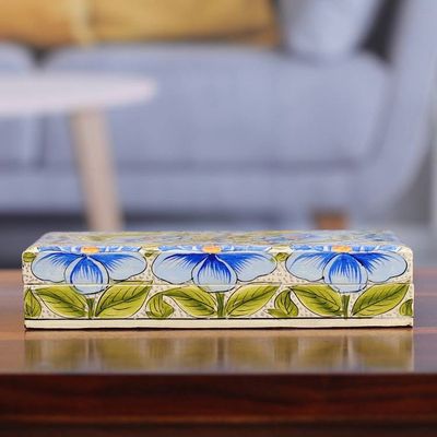 Alternate image for Blue Papier Mache on Wood Floral Leaf Bird Decorative Box Blooming Kashmir in Blue