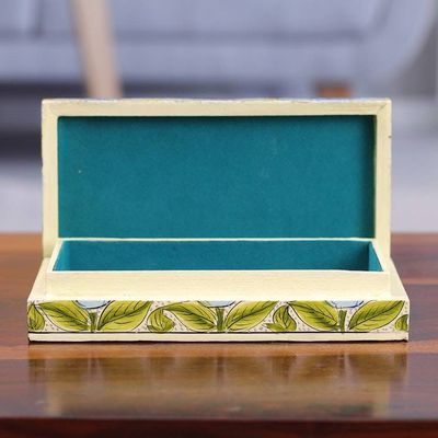 Alternate image for Blue Papier Mache on Wood Floral Leaf Bird Decorative Box Blooming Kashmir in Blue