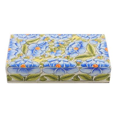 Alternate image for Blue Papier Mache on Wood Floral Leaf Bird Decorative Box Blooming Kashmir in Blue