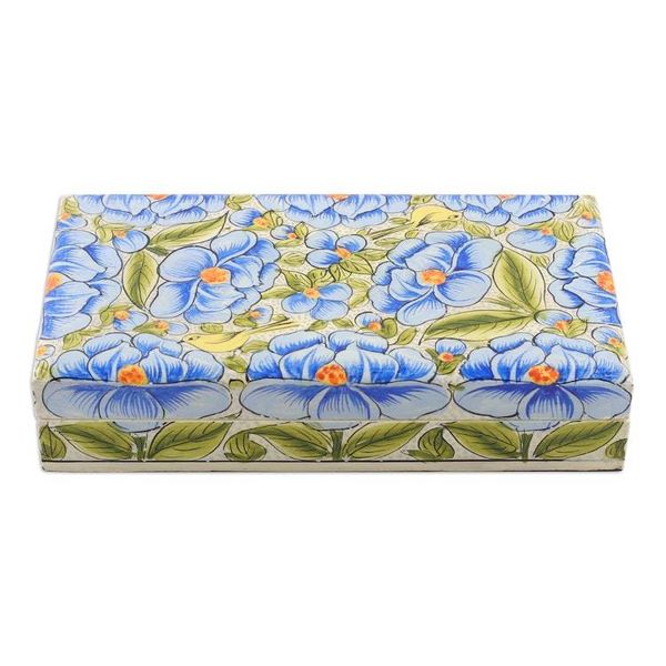Alternate image for Blue Papier Mache on Wood Floral Leaf Bird Decorative Box Blooming Kashmir in Blue