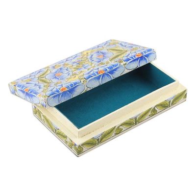 Alternate image for Blue Papier Mache on Wood Floral Leaf Bird Decorative Box Blooming Kashmir in Blue