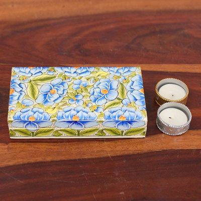 Alternate image for Blue Papier Mache on Wood Floral Leaf Bird Decorative Box Blooming Kashmir in Blue