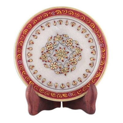 Alternate image for Handcrafted Floral Scarlet and White Marble Decorative Plate Triumph of the Scarlet Bloom