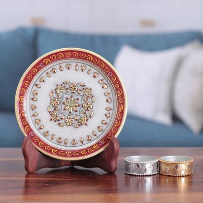 Alternate image for Handcrafted Floral Scarlet and White Marble Decorative Plate Triumph of the Scarlet Bloom