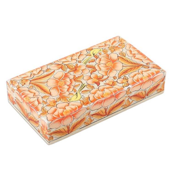 Alternate image for Orange Papier Mache on Wood Floral Leaf Bird Decorative Box Blooming Kashmir in Orange