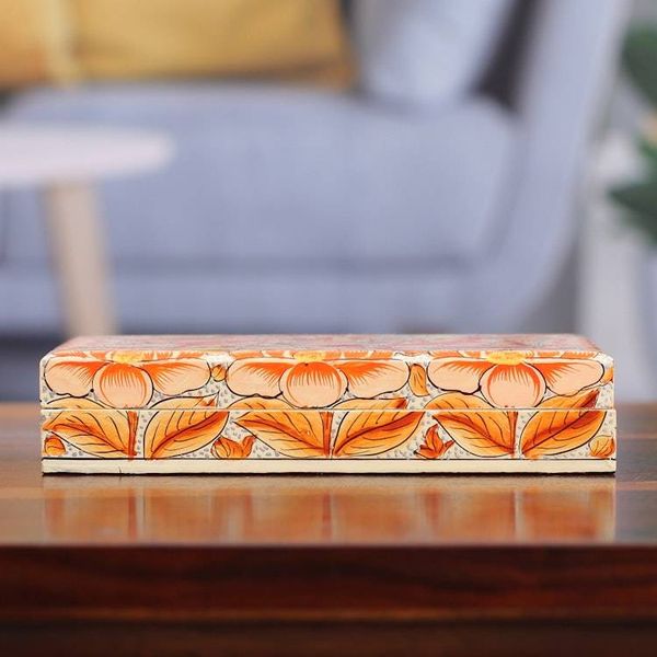 Alternate image for Orange Papier Mache on Wood Floral Leaf Bird Decorative Box Blooming Kashmir in Orange