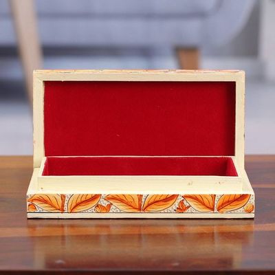 Alternate image for Orange Papier Mache on Wood Floral Leaf Bird Decorative Box Blooming Kashmir in Orange