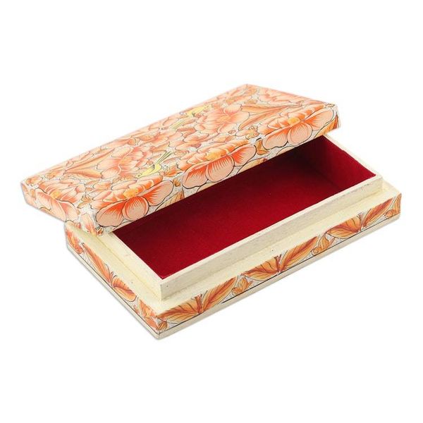 Alternate image for Orange Papier Mache on Wood Floral Leaf Bird Decorative Box Blooming Kashmir in Orange