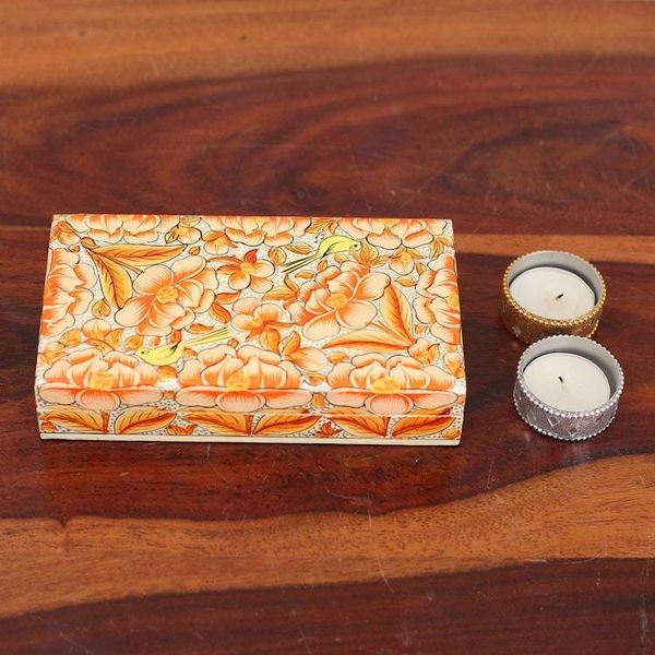 Alternate image for Orange Papier Mache on Wood Floral Leaf Bird Decorative Box Blooming Kashmir in Orange
