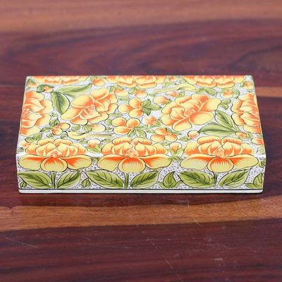 Alternate image for Yellow Papier Mache on Wood Floral Leaf Bird Decorative Box Blooming Kashmir in Yellow