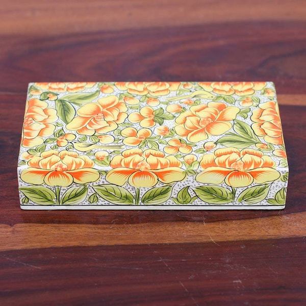 Alternate image for Yellow Papier Mache on Wood Floral Leaf Bird Decorative Box Blooming Kashmir in Yellow