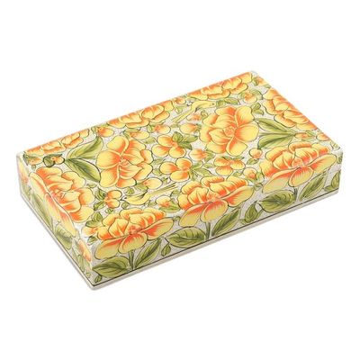 Alternate image for Yellow Papier Mache on Wood Floral Leaf Bird Decorative Box Blooming Kashmir in Yellow