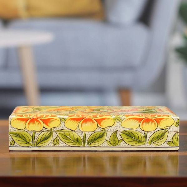 Alternate image for Yellow Papier Mache on Wood Floral Leaf Bird Decorative Box Blooming Kashmir in Yellow