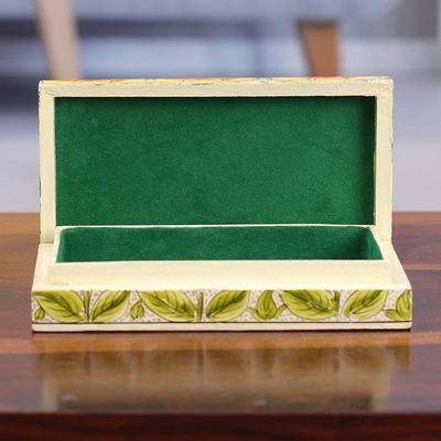 Alternate image for Yellow Papier Mache on Wood Floral Leaf Bird Decorative Box Blooming Kashmir in Yellow