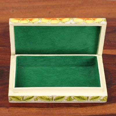 Alternate image for Yellow Papier Mache on Wood Floral Leaf Bird Decorative Box Blooming Kashmir in Yellow