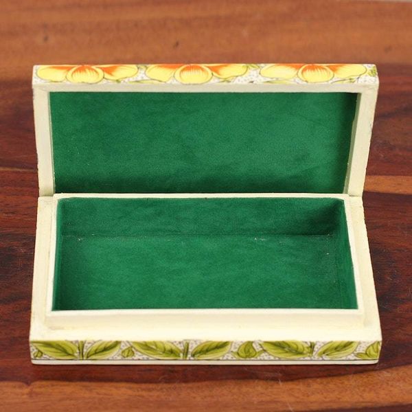 Alternate image for Yellow Papier Mache on Wood Floral Leaf Bird Decorative Box Blooming Kashmir in Yellow