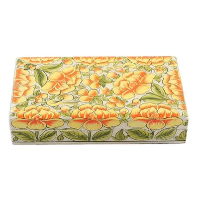 Alternate image for Yellow Papier Mache on Wood Floral Leaf Bird Decorative Box Blooming Kashmir in Yellow